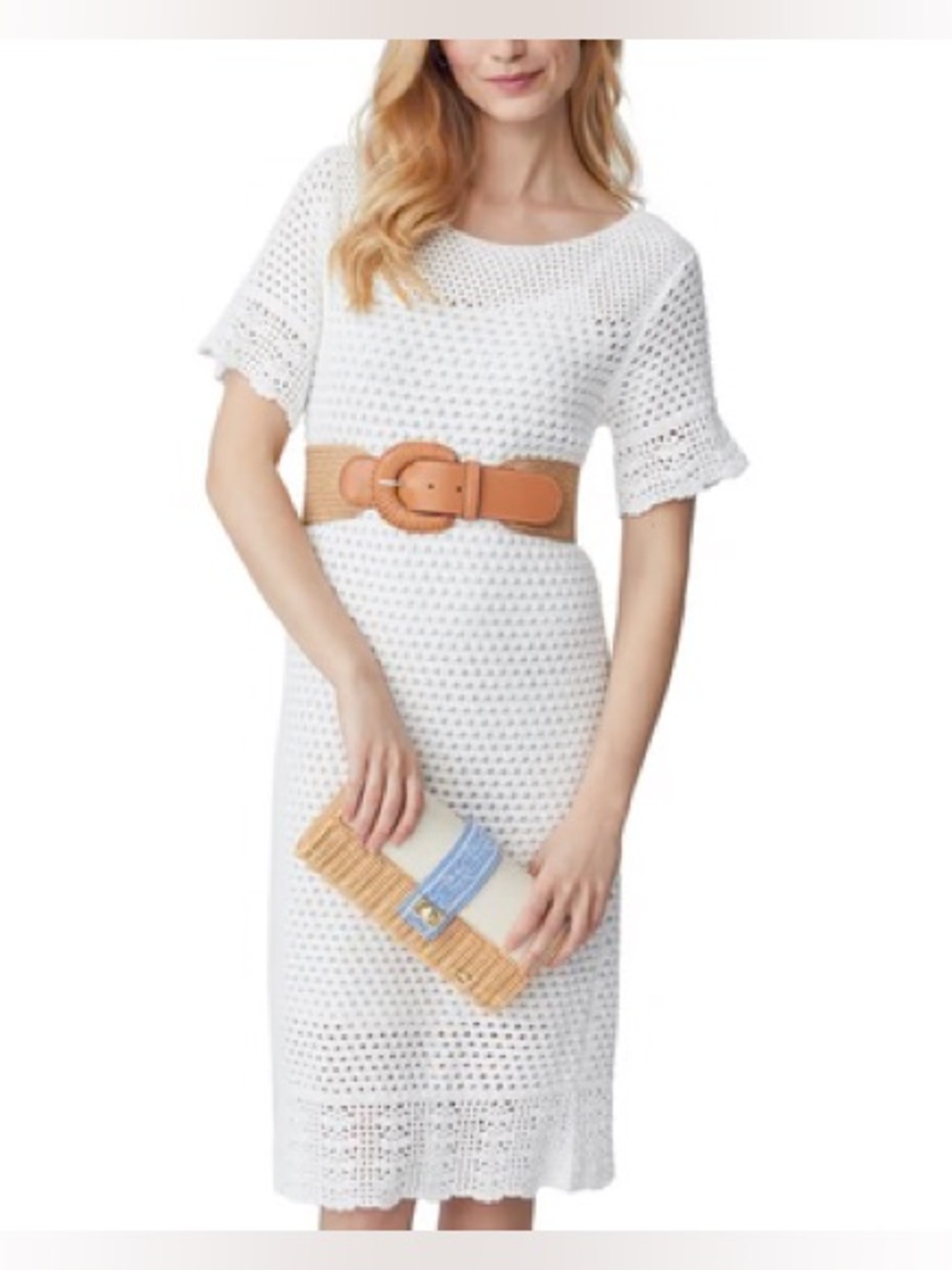 J. McLaughlin White Crochet Knit Knee Length Shift Dress Cotton Size XS